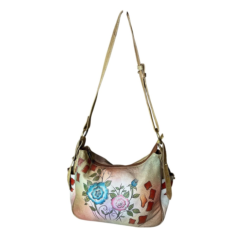 Vtg Great American Leather Works Shoulder Bag‎ Purse Hand Painted Floral Boho